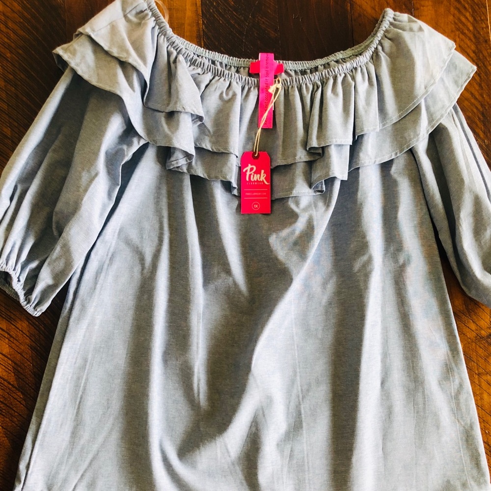Pink Clubwear: Denim Off the Shoulder Ruffle Top